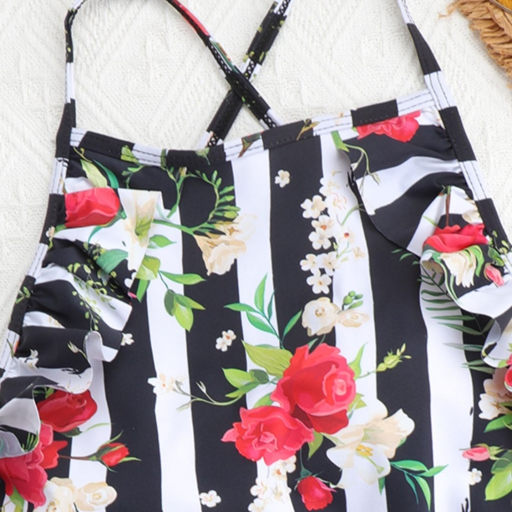 New Floral Striped Ruffled Tie Back One-Piece Swimsuit - Picture 3 of 4